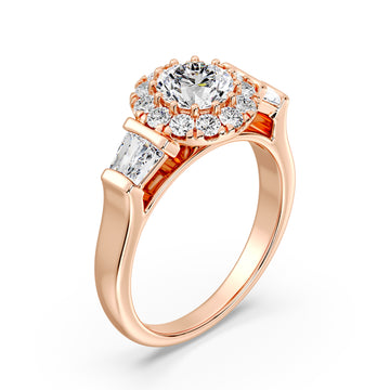 Round Cut Halo Bridal Ring with Tapered Baguette Diamond Shank