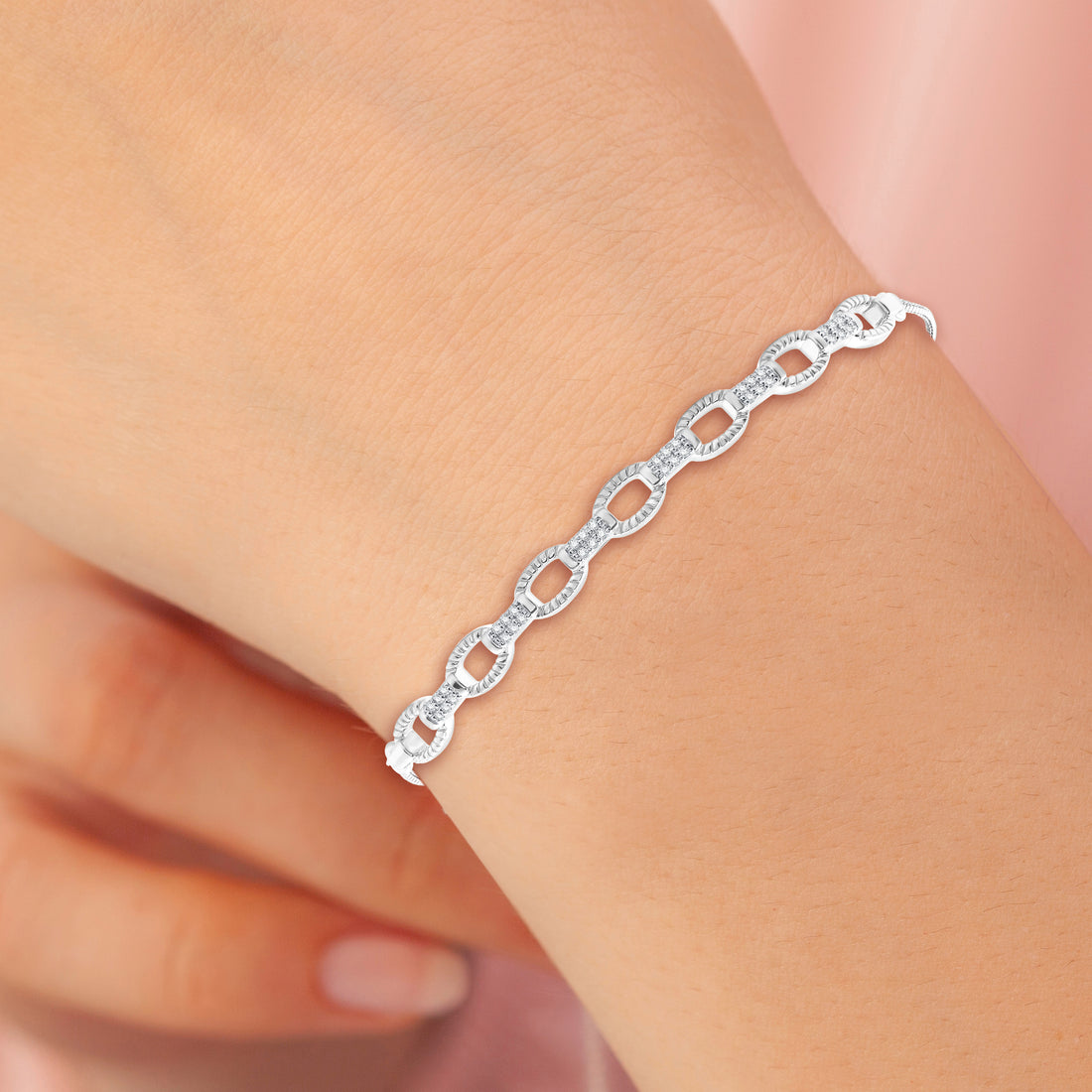 1/6 CTTW Diamond Paperclip Taxure Link Bolo Bangle in Sterling Silver – Adjustable Lab-Grown Diamond Bracelet