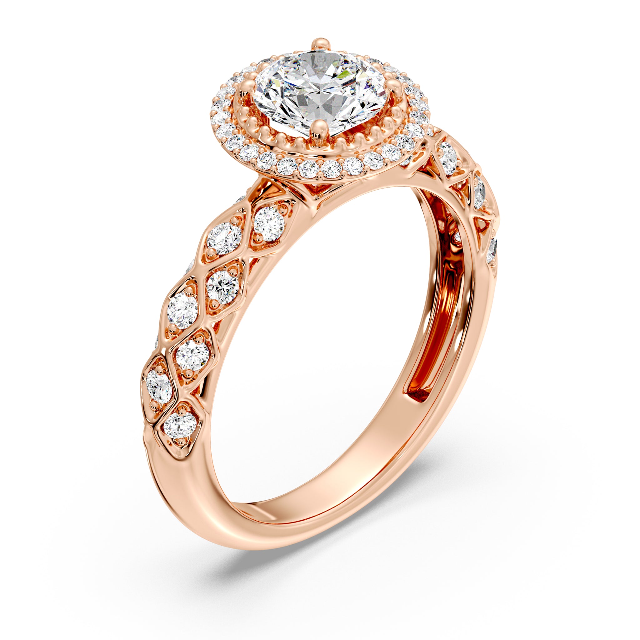 Timeless Round Halo Engagement Ring with Antique Shank Design