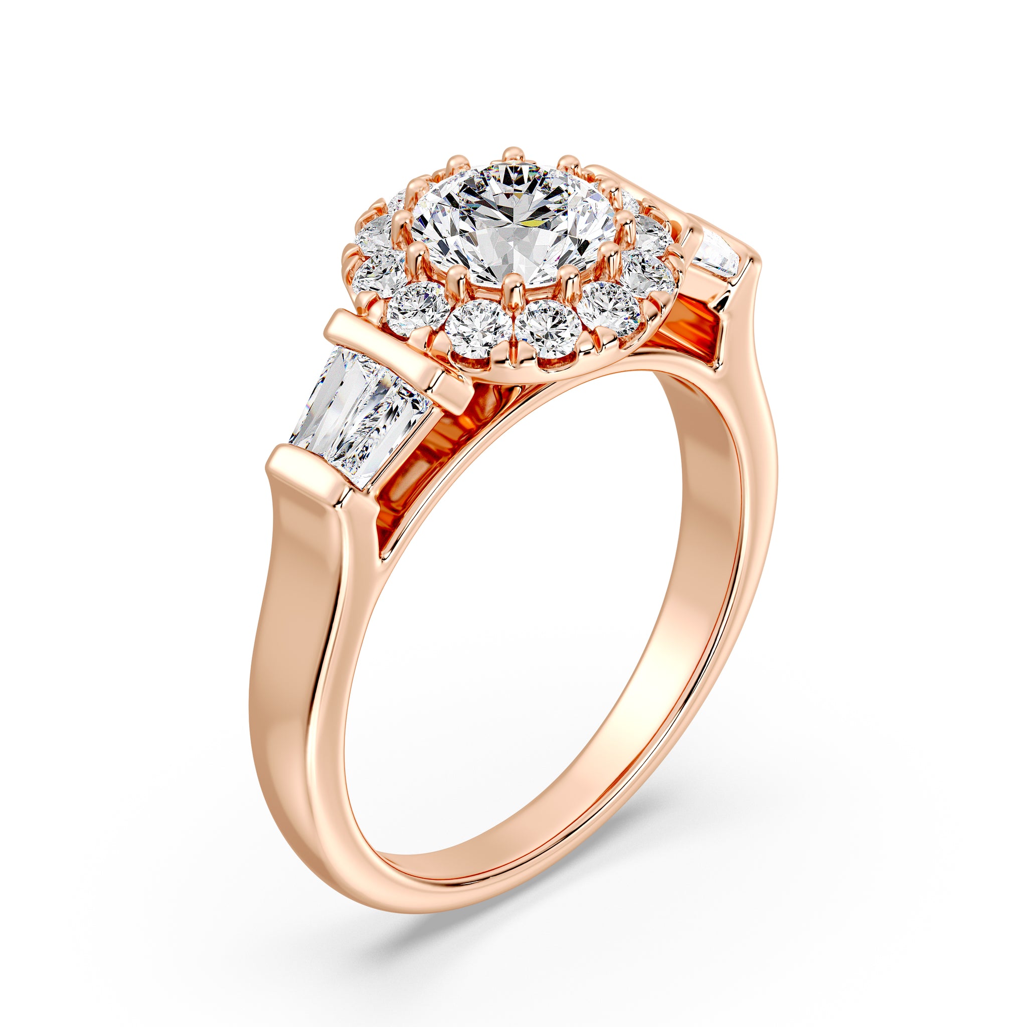 Round Cut Halo Bridal Ring with Tapered Baguette Diamond Shank