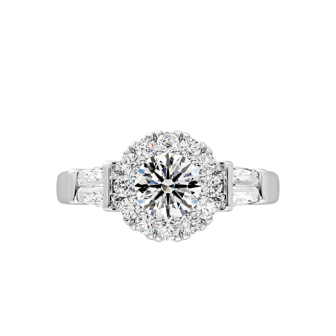 1.75 CTW Round Cut Halo Bridal Ring with Tapered Baguette Diamond Shank